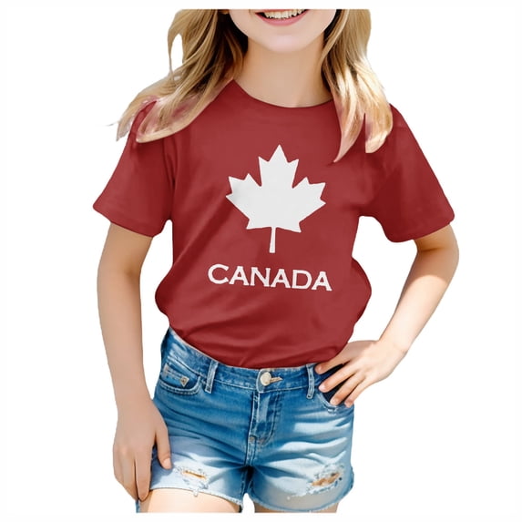 Bobifish Little Girls T-Shirts Summer Canada Flag Printed Crew Neck Short Sleeve Tees Casual Daily Outdoor Streetwear Fashion Tops,Sizes 6-7Y
