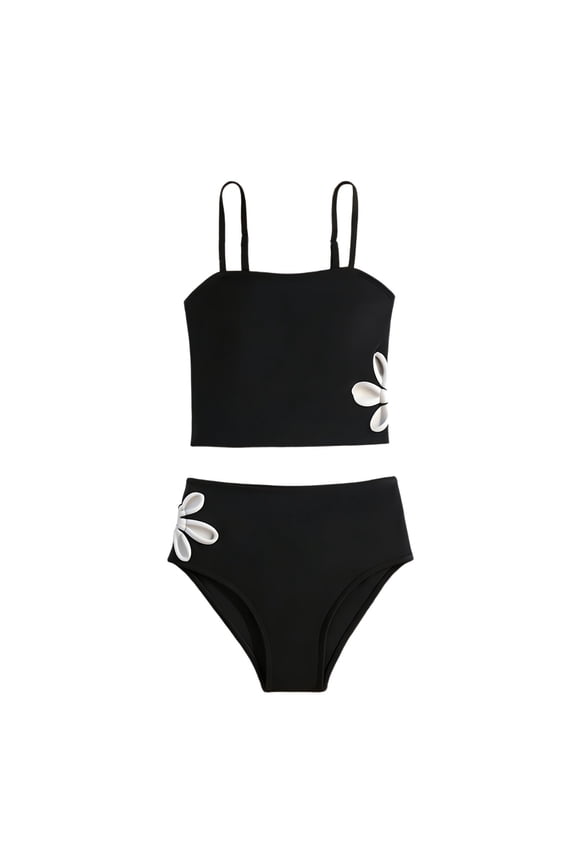 Little Girls Tankini Set Black With White Floral Side Flower Pattern Cutout Swimwear Bathing Suit , 2PC