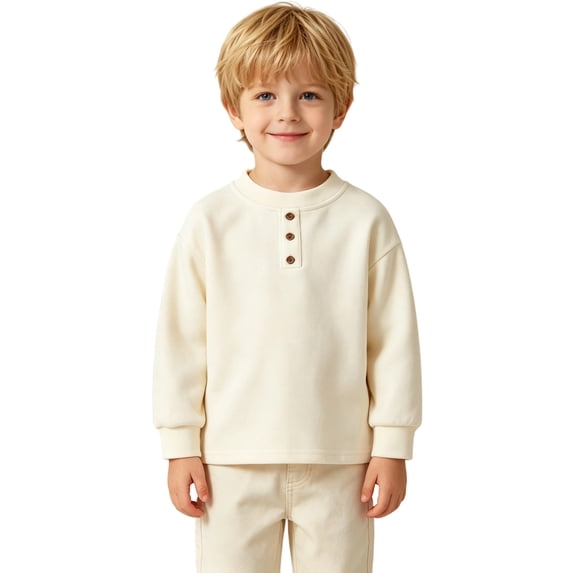 Bobifish Newborn Boys Long Sleeve Crewneck T‑Shirt Henley Button Placket Fleece Top