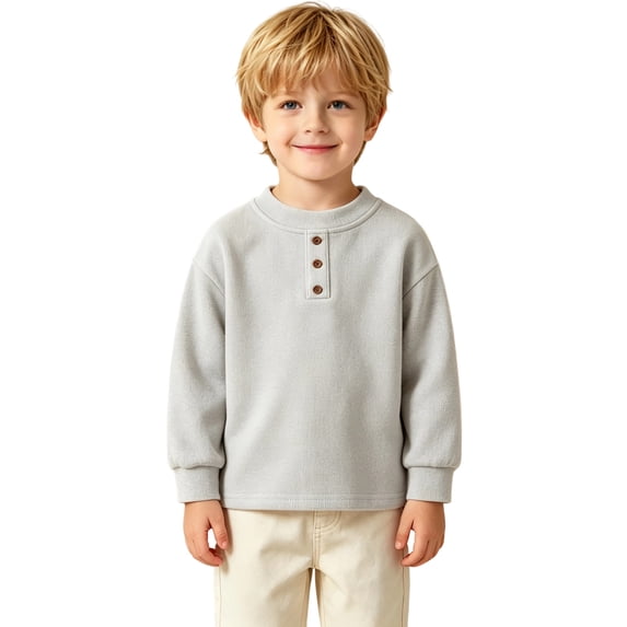 Bobifish Newborn Boys Long Sleeve Crewneck T‑Shirt Henley Button Placket Fleece Top