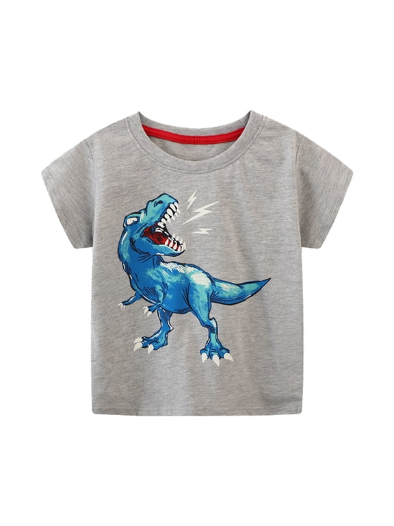 Boys Tees Short Sleeve Crew Neck T Shirts Eye-Catching Glowing T-Rex Dinosaur Print Summer Cotton Casual Tops