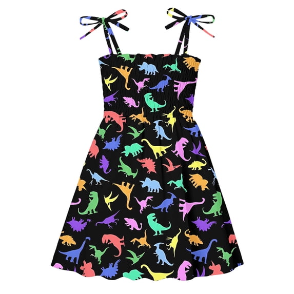 Bobifish Newborn Girls Dress Dino Skeleton Square Neck Tie Strap Sundress Home Leisure Dress Everyday Casual Sundress