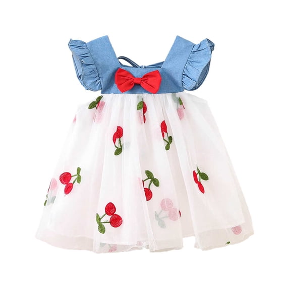 Bobifish Newborn Girls Dress Square Neck Ruffle Strap A Line Strawberry Printed Tank Dress Bow Color Block Everyday Outing Sundress