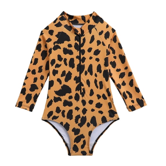 Bobifish Newborn Girls One Piece Rash Guard Swimsuit Stand Collar Half Zip Long Sleeve Leopard Print Breathable Pool Swimwear