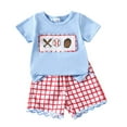 thumbnail image 1 of Bobifish Newborn Girls Outfit Sets Summer Rugby Baseball Print Short Sleeve T-Shirt Elastic Waist Plaid Shorts 2 Piece Sets, 1 of 7