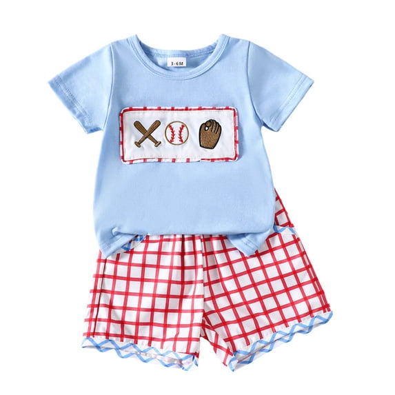Bobifish Newborn Girls Outfit Sets Summer Rugby Baseball Print Short Sleeve T-Shirt Elastic Waist Plaid Shorts 2 Piece Sets