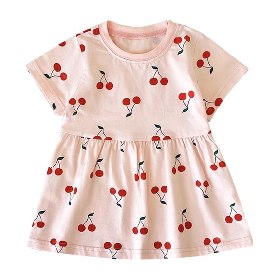 Bobifish Newborn Girls Round Neck T-Shirt Dress Lemon Print Gathered Waist Skater Dress Kids Soft Lightweight Summer Outdoor Back To School Casual Dress