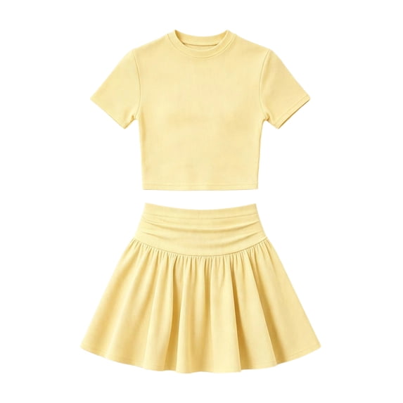 Bobifish Teen Girls Sets Two Piece Short Sleeve Yellow Outfit Tee&Wide Waist Skirt Playwear For Girls