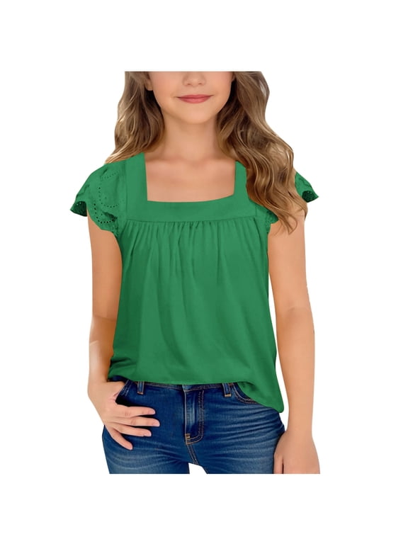Girls T Shirt Flutter Sleeve Hollow Out Lace Solid Tee Shirt Travel Vacation Girls T-Shirt