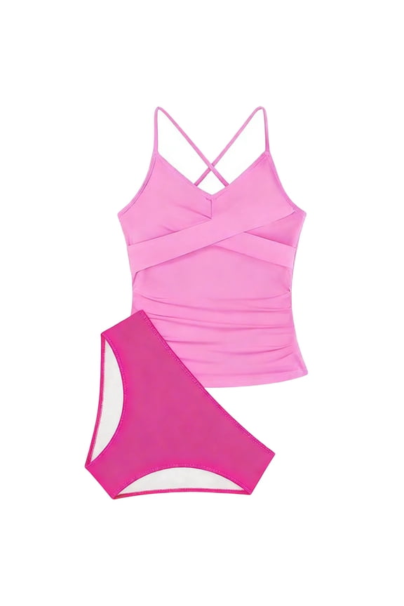 Girls Tankini Set V-Neck Crossback Tankini Top Color Block Brief Summer Lovely Holiday Coast Quick Dry Swimwear 2pc