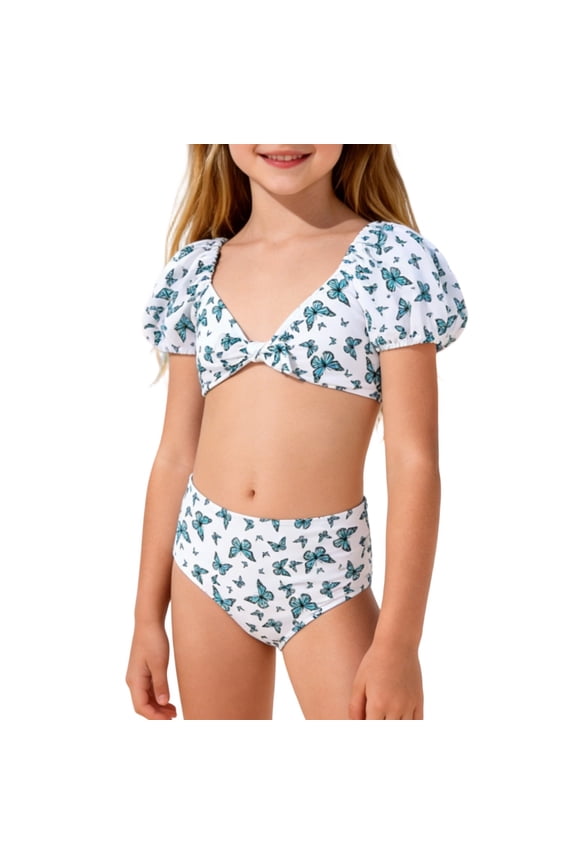 Girls Two Piece Swimsuit V Neck Puffed Sleeve Bikini Top Butterfly Print Brief Summer Dynamic Water Game Quick Dry Bathing Suit 2pc