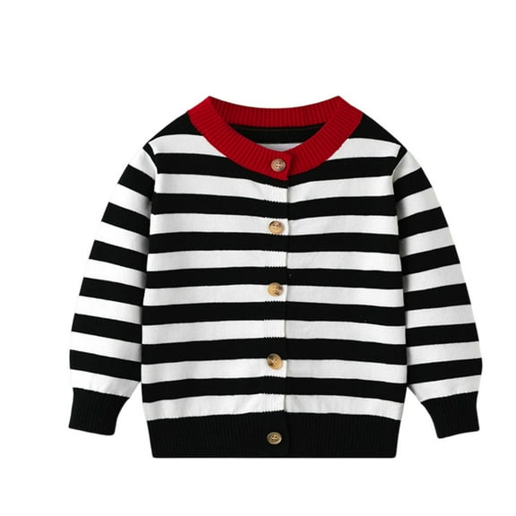 Bobifish Toddler Black & White Striped Cardigan Red Collar Button Front Long Sleeve Sweater Casual Boys Girls Classic Knitted Outerwear