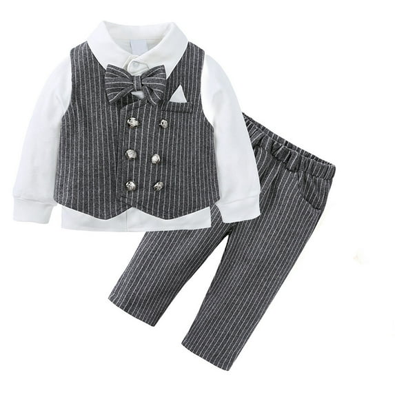 Bobifish Toddler Boys 3 Piece Formal Set Striped Vest Shirt Pants & Bowtie Soft Buttons Pocket Square Dress Pants Kids Formal Wear Weddings Parties Outfit