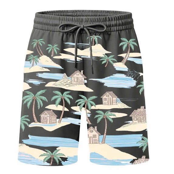 Bobifish Little Boys Beach Shorts Coconut Tree Printed Drawstring Swim Trunks Loose Fit Children Boys Warm Weather Shorts