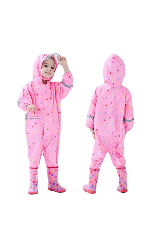 Boys Girls One Piece Rain Suit Colorful Polka Dot Print Transparent Visor Elastic Reflective Trim Waterproof Rain Suit