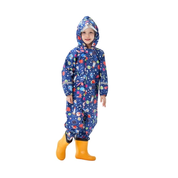 Bobifish Toddler Boys Girls One Piece Rain Suit Hooded Space Planet Print Reflective Strips Elastic Ankle Waterproof Raincoat
