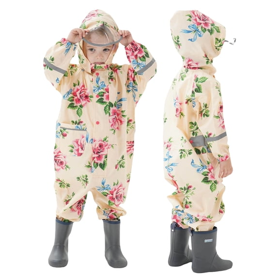 Bobifish Toddler Boys Girls One-Piece Rainsuit Reflective Cartoon Themed Button Front Coverall Everyday Rainwear With Pocket For All Season,Sized 2-5T