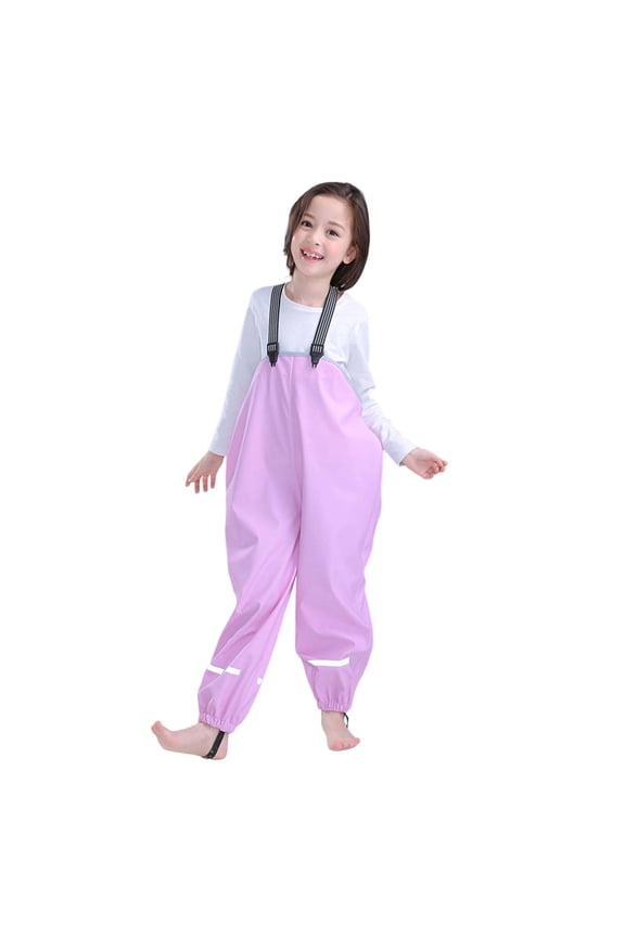 Toddler Boys Girls Suspender Rain Pants Solid Color Adjustable Buckle Straps Reflective Trim Elastic Waterproof Outdoor Rain Pants