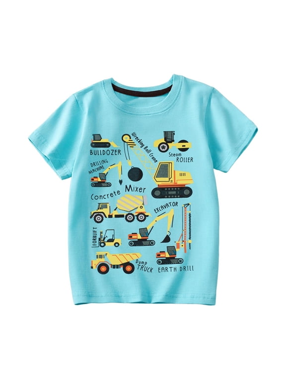 Toddler Boys Graphic T‑Shirt Construction Print Short Sleeve Crewneck Tee Machinery Word Themed Summer Top For Kids