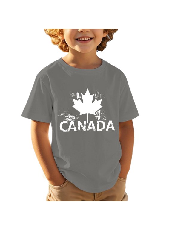 Toddler Boys Novelty Tee Fun Short Sleeve Crew Neck Maple Leaf & Letter Print Basic T-Shirts Summer Colorful Patriotic Events Holiday Wear Tshirt