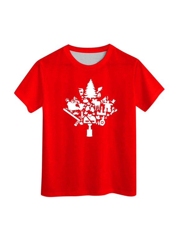 Toddler Boys Novelty Tee Fun Short Sleeve Crew Neck Maple Leaf Print Element Graphic Kids Comfort Tee Summer Patriotic Holiday Wear Tshirt