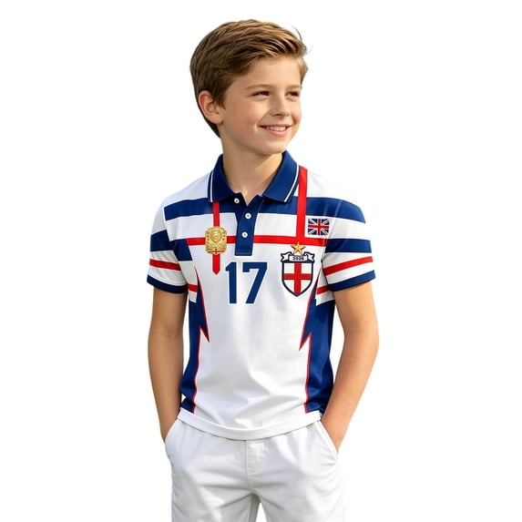 Bobifish Toddler Boys Short Sleeve Polo Classic Collar England Badge Style Print Collared Shirt