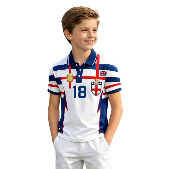 Bobifish Toddler Boys Short Sleeve Polo Classic Collar England Badge Style Print Collared Shirt