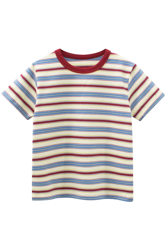 Toddler Boys Striped Tee Bright Short Sleeve Crew Neck Striped Ribbed Collar Kids Undershirt Tshirts Summer Flexible Layering Layering T-Shirt