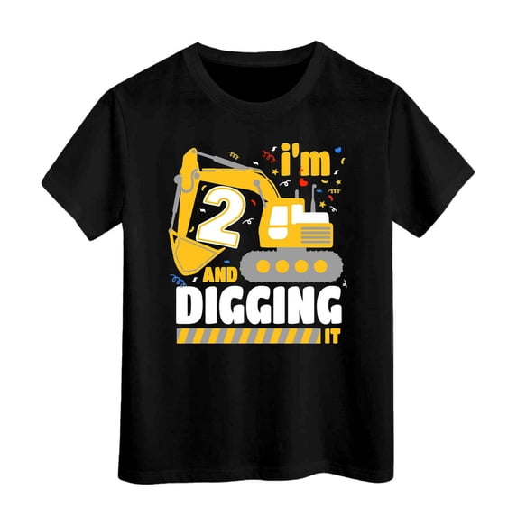 Bobifish Toddler Boys T‑Shirt Crewneck Tee Short Sleeve Graphic Tee I'M 2 And Digging It Excavator Print Top