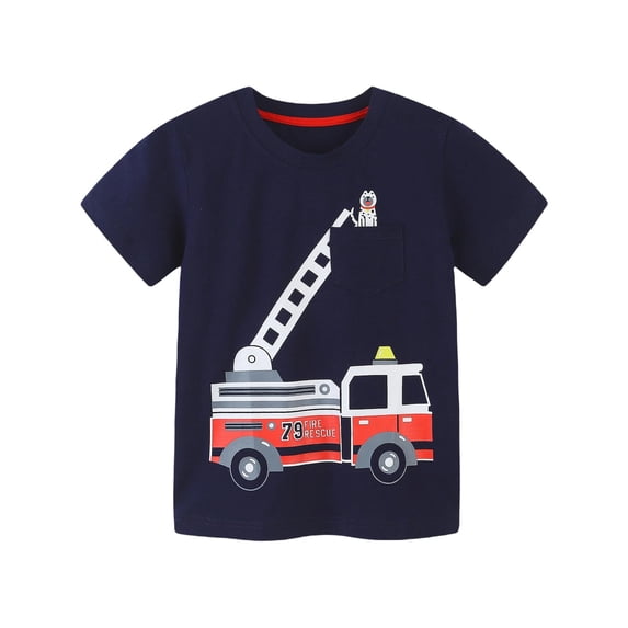 Bobifish Toddler Boys Tees Short Sleeve Crew Neck Cotton Fire Truck Cartoon Print Navy Comfortable Summer Everyday Kids T Shirts