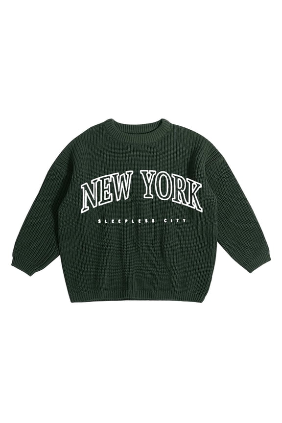 Toddler Dark Green Ribbed Sweater “NEW YORK Letter Print Sleepless Long Sleeve Sweater Trendy City Themed Boys Girls Knitted Pullover