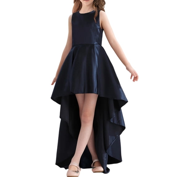 Bobifish Toddler Elegant Girls Formal Dress Satin Round Neck Short Sleeve Long Back Weddings Party Evening Kids Girls Dresss