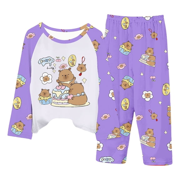 Bobifish Toddler Girls 2 Piece Sleepwear Set White & Blue Tee With Print   Pants Breathable Elastic Waist Kids Nap Time Adorable Nightwear