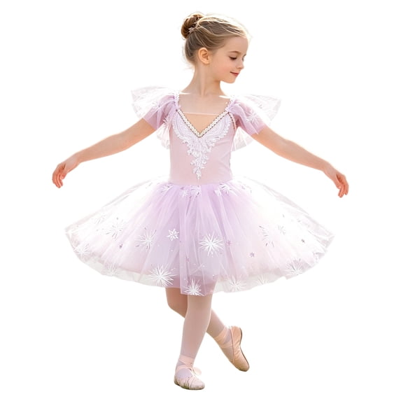 Bobifish Toddler Girls Ballet Dance Performance Dress Sweetheart Neck Ruffle Sleeve Embroidered Tutu Dress Kids Girls Dresss