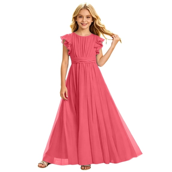 Bobifish Toddler Girls Bridesmaid Dress Flutter Sleeve Pleated Party Soft Flowy Dress Formal Evening Children Girls Dresss