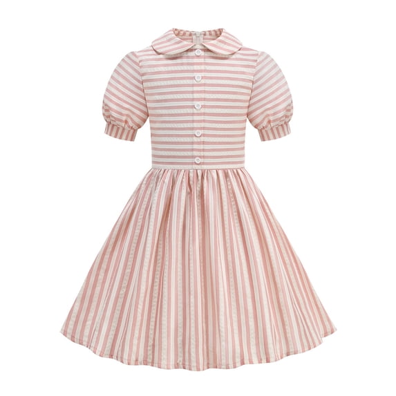 Bobifish Toddler Girls Casual Dress Striped Print Puff Sleeve Collared Party Sundress Children Girls Outdoor Daily Dress
