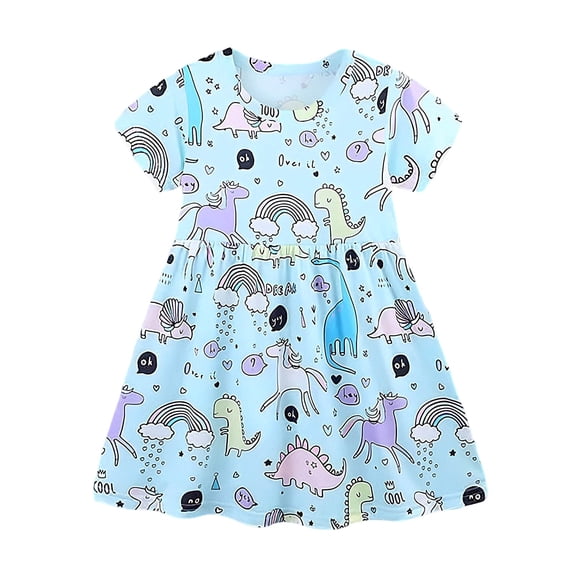 Bobifish Toddler Girls Casual Dresses Short Sleeve Crew Neck Dinosaur Unicorn Print Dress Cartoon Pattern Summer Outdoor Daily Play Sundress