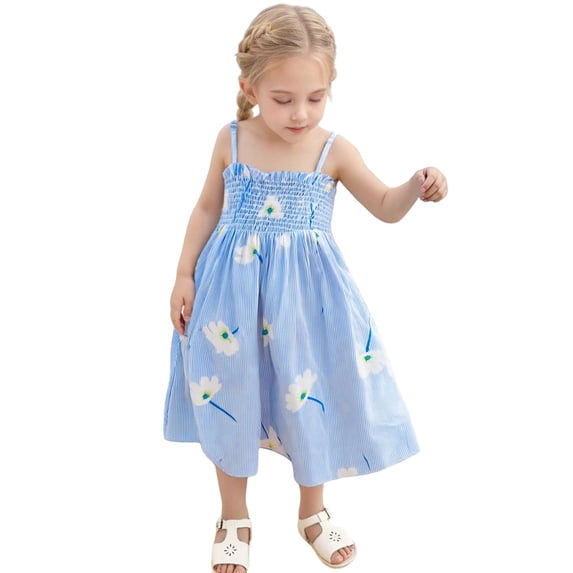 Bobifish Toddler Girls Casual Dresses Thin Spaghetti Strap Smocked Top Daises Striped Woven Dress Outdoor Photo Casual Sundress