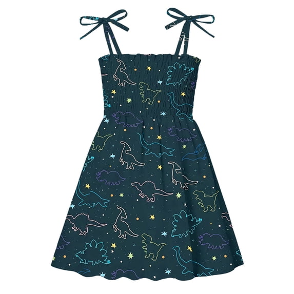 Bobifish Toddler Girls Dress Dino Skeleton Square Neck Tie Strap Sundress Home Leisure Dress Everyday Casual Sundress