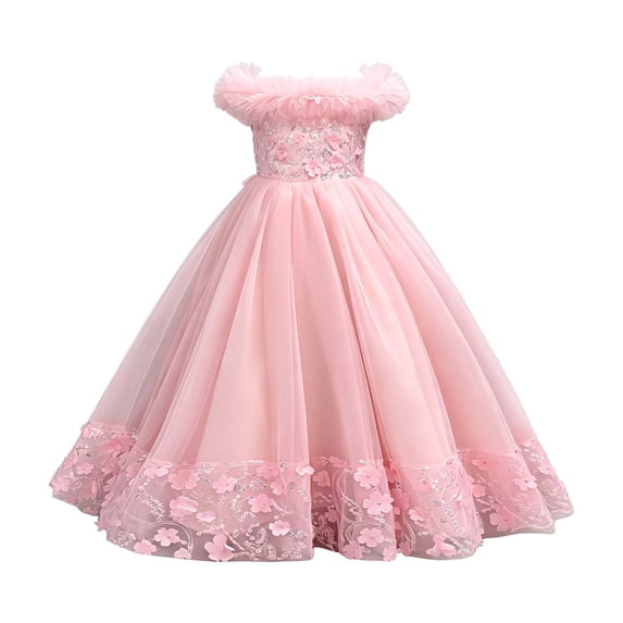 Bobifish Toddler Girls Dress Off Shoulder Feather Trim Floral Embroidered Lace Tulle Long Dress Formal Party Kids Girls Dress