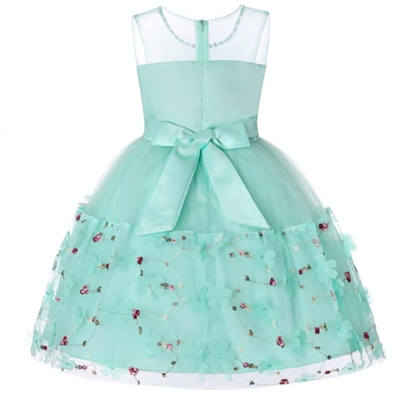 Bobifish Toddler Girls Dress Satin Rhinestone Mesh Sleeveless Bow Flower Hem Puff Dress Birthday Party Children Girls Dress