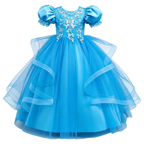 Bobifish Toddler Girls Evening Dress Lantern Sleeve Embroidered Beaded Appliques Lace Multi-Layer Dress Children Girls Dresss