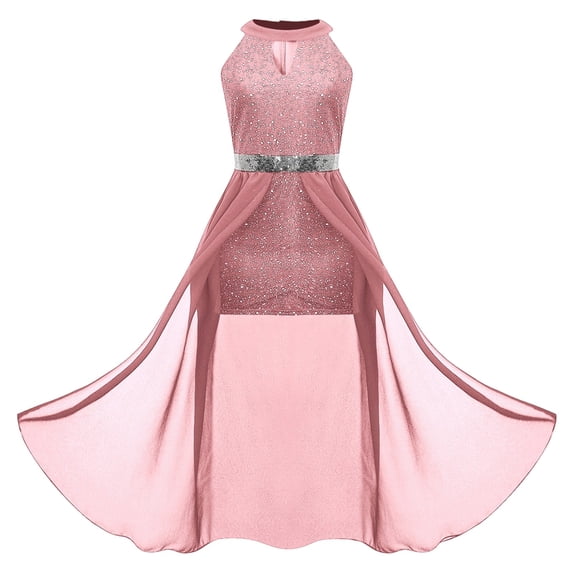 Bobifish Toddler Girls Formal Dress Sparkle Sequin Tulle Halter Sleeveless Sheath Long Dress Evening Party Kids Girls Dresss