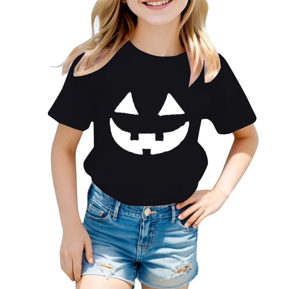Bobifish Toddler Girls Halloween Graphic Tee Short Sleeve T-Shirt Crewneck Top Pumpkin Print Fun Tee For Kid