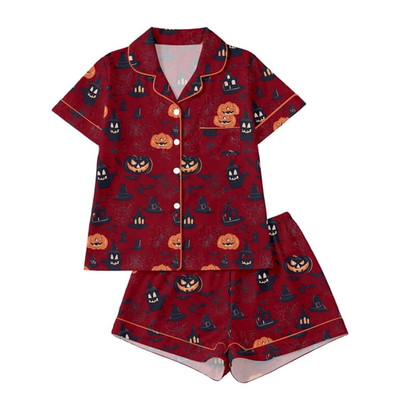 Bobifish Toddler Girls Halloween Print Sleepwear Sets Short Sleeve Collared Button Down Top&Shorts Nightwear Kids Girls Sets