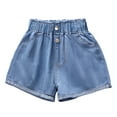 thumbnail image 1 of Bobifish Toddler Girls Light Wash Denim Shorts Elastic Ruffle Waist With Double Button Rolled Hem And Side Pockets Simple Summer Shorts, 1 of 3
