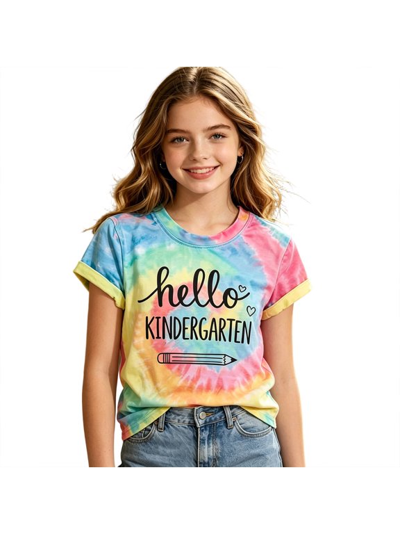 Toddler Girls Novelty Tee Fun Short Sleeve Crew Neck Tie Dye Letter Print Kids LovelyTee Summer Cheerful Back To School Casual Tee