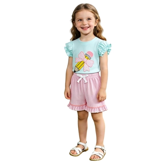 Bobifish Toddler Girls Outfit Sets Cartoon Embroidered Short Sleeve Ruffle Trim Top With Ribbed Shorts Children Girls Sets