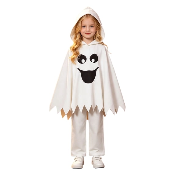 Bobifish Toddler Girls Outfit Sets Halloween Costume Hooded Ghost Print Jagged Hem Cape And Pants Dress Up Kids Girls Sets