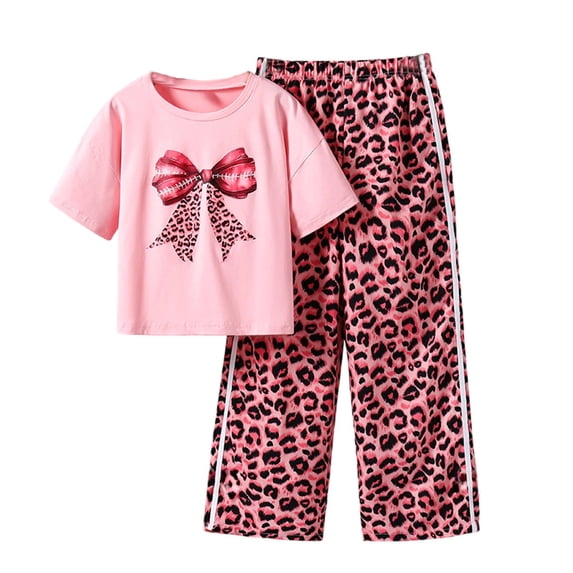 Bobifish Toddler Girls Outfit Sets Leopard Print Bow Tee Top And Side White Stripe Long Pants Two Piece Leisure Children Girls Sets